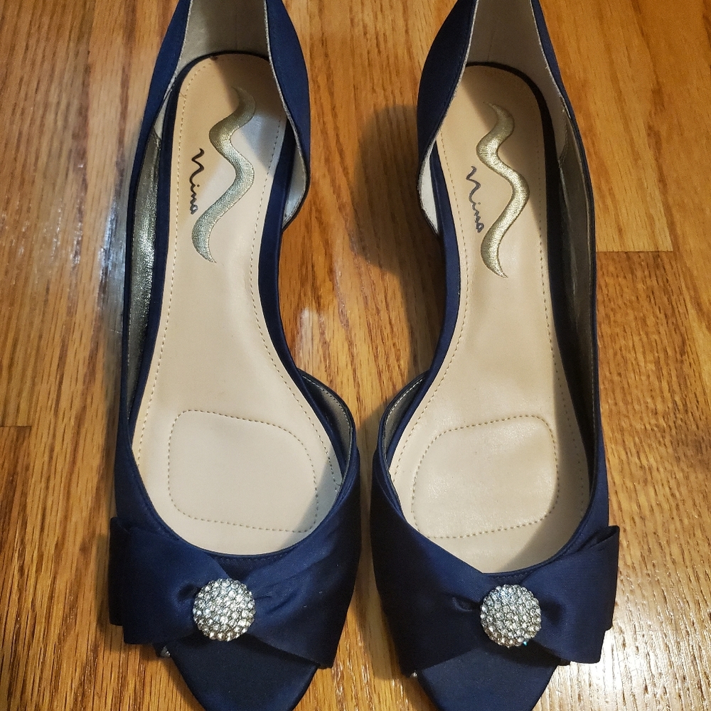 Nina Navy Blue Low Wedge Rhinestone Peep Toe 11W